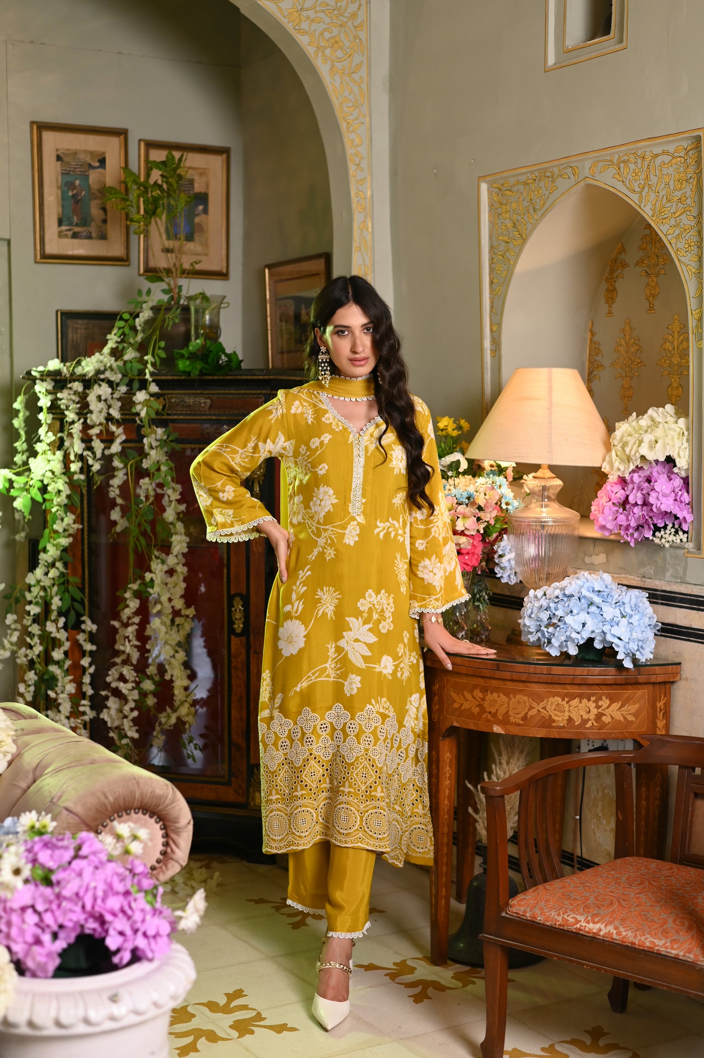 Ishita Dutta in Yellow Chiffli Muslin Suit set with Lace Work