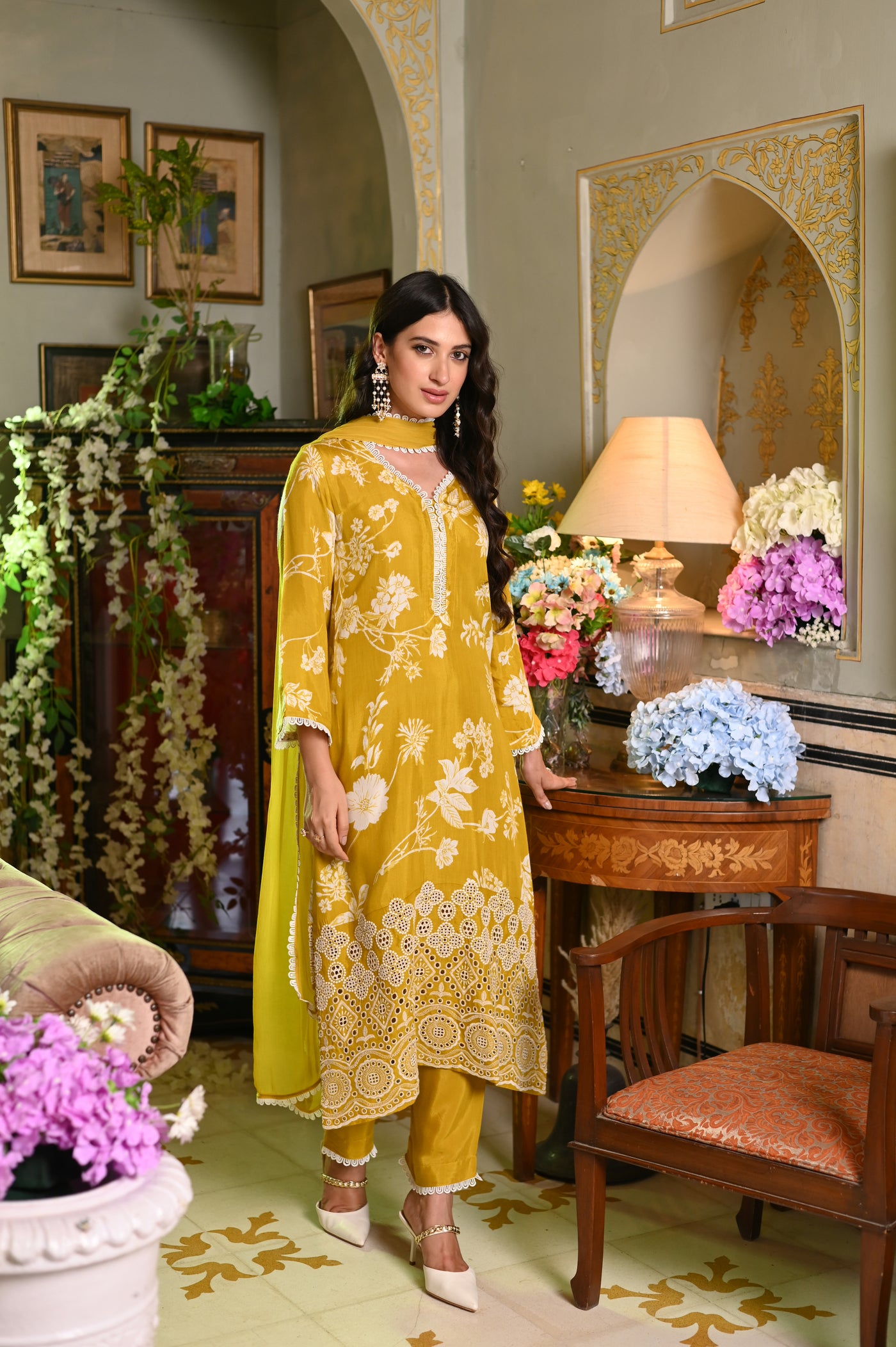 Ishita Dutta in Yellow Chiffli Muslin Suit set with Lace Work