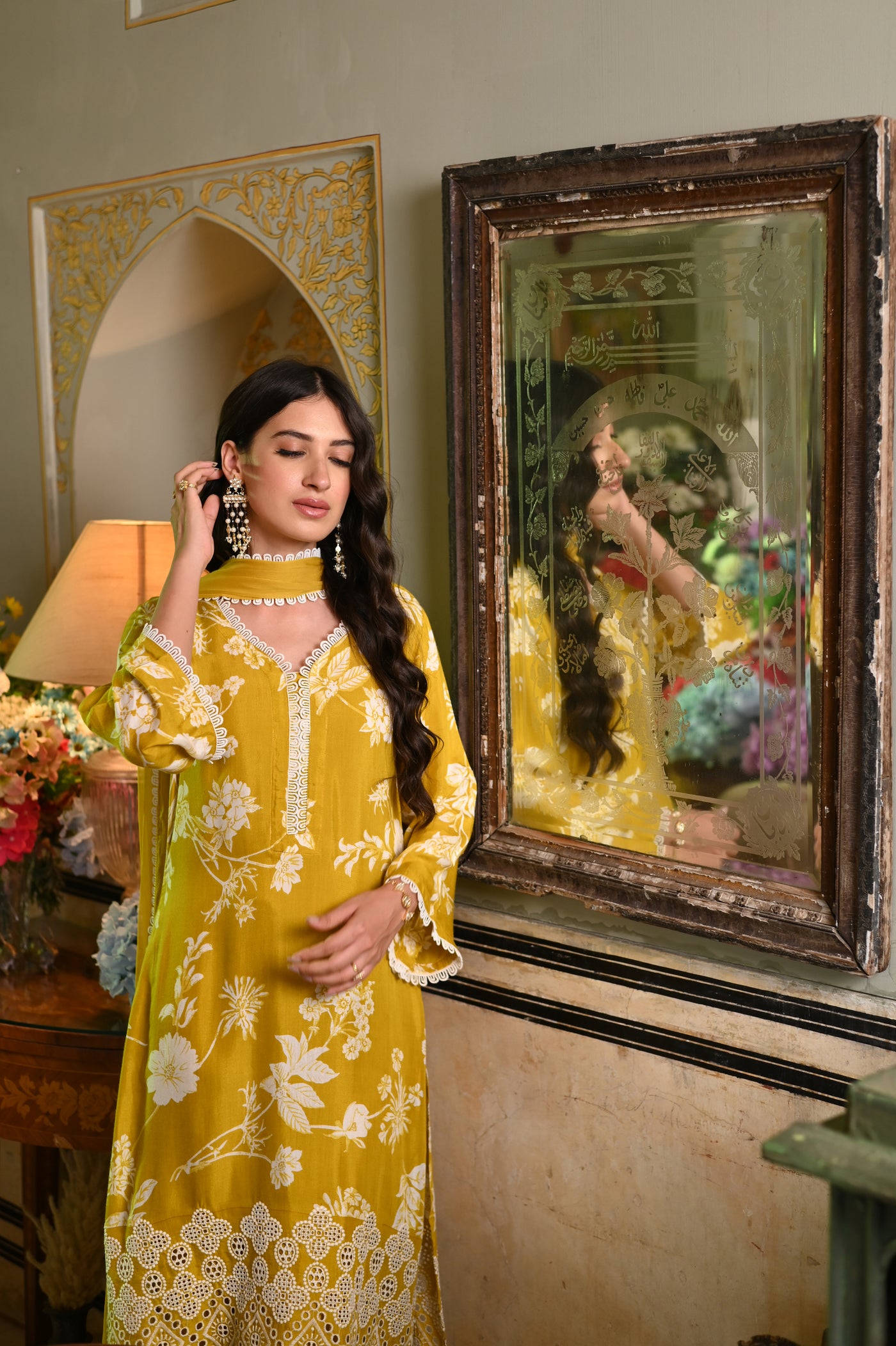 Ishita Dutta in Yellow Chiffli Muslin Suit set with Lace Work