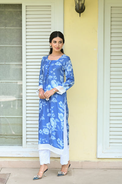 Bloom Muslin Kurti Set (Blue)