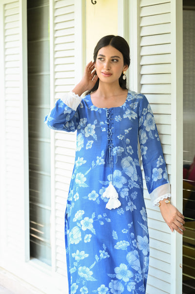 Bloom Muslin Kurti Set (Blue)