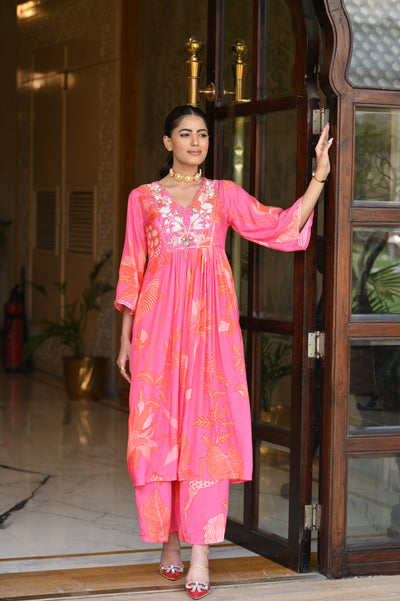 Bold Pink Floral Print with Pearl Work Kurta and Flared Palazzo