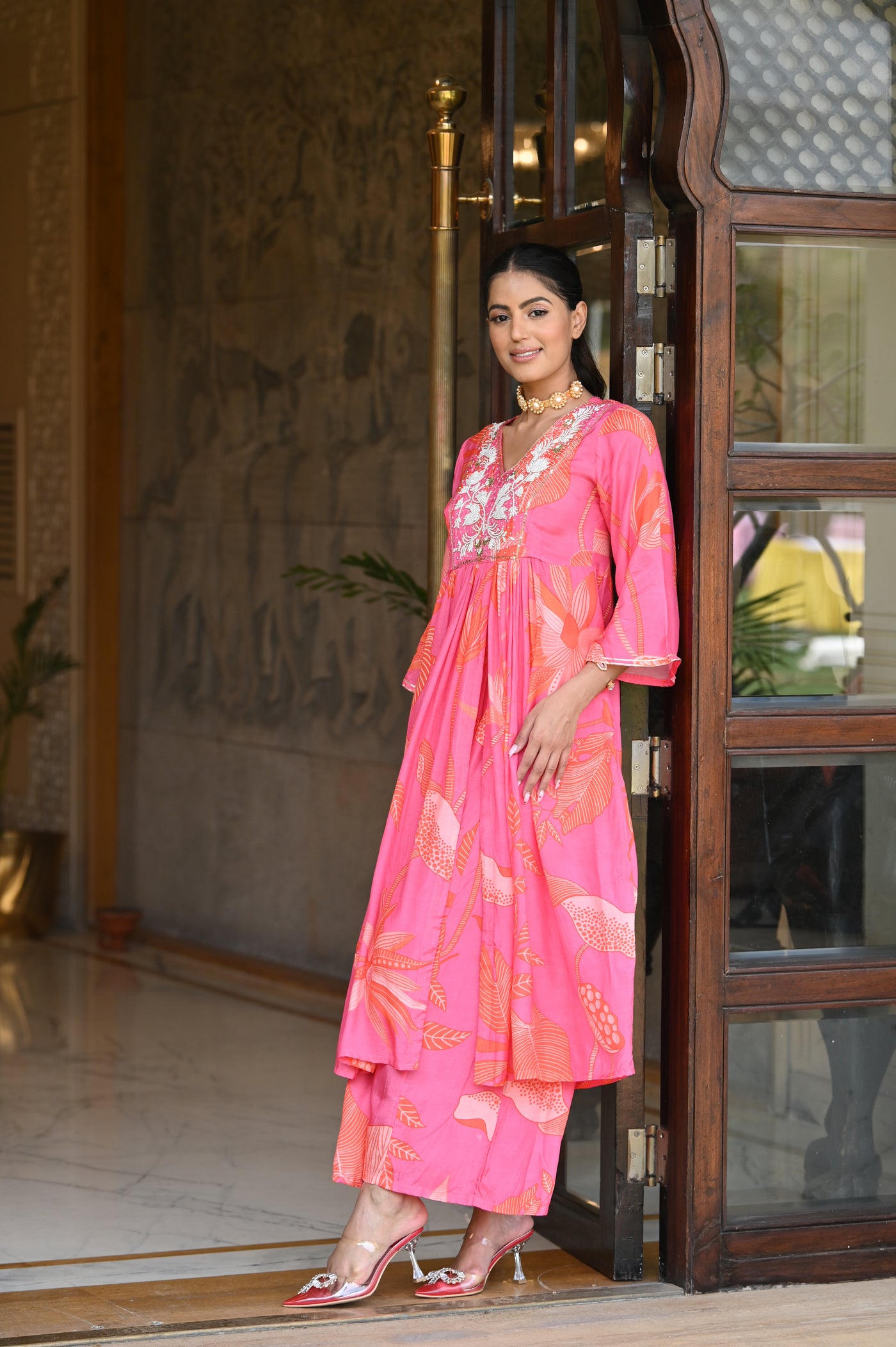 Bold Pink Floral Print with Pearl Work Kurta and Flared Palazzo