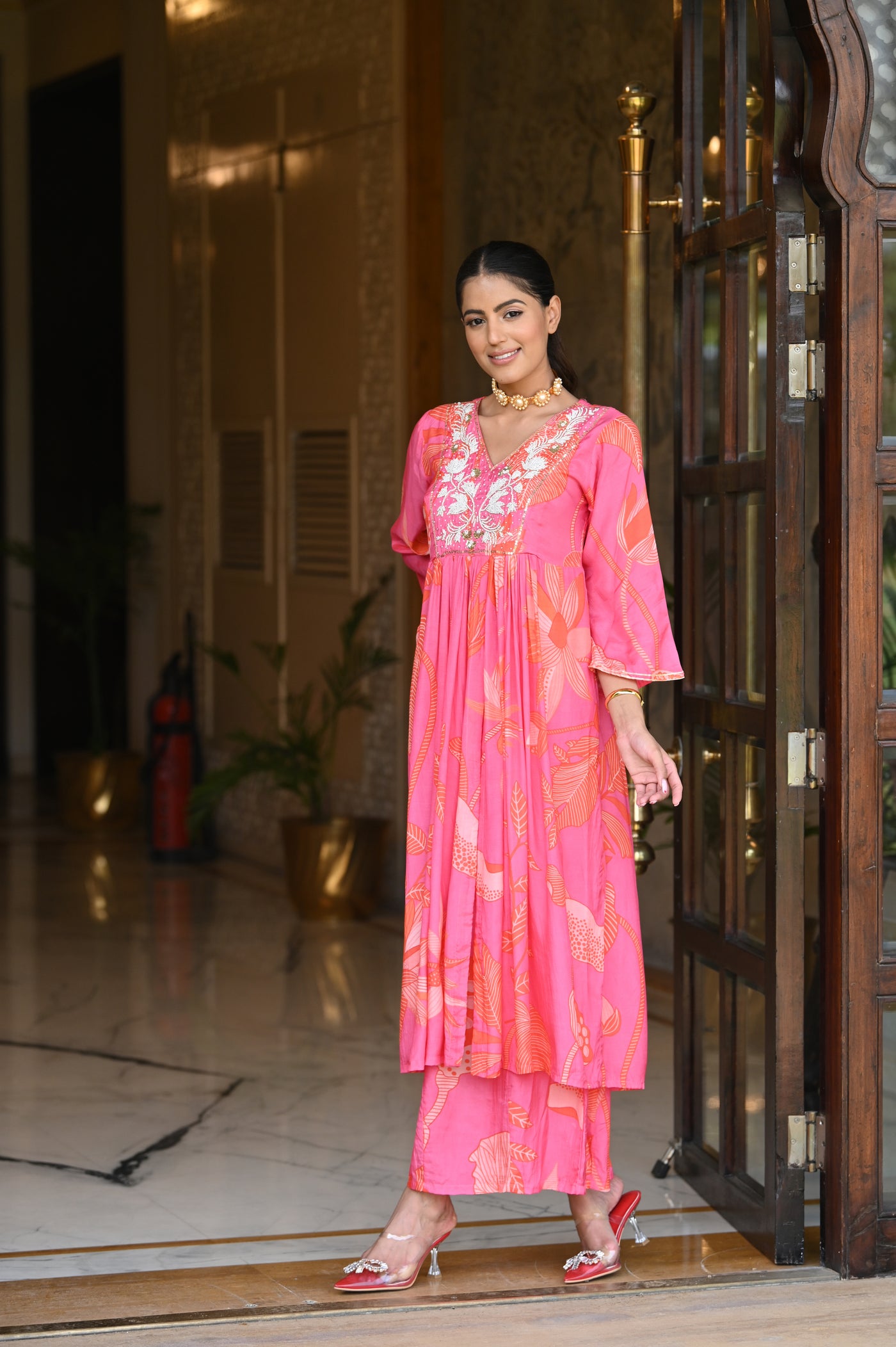 Bold Pink Floral Print with Pearl Work Kurta and Flared Palazzo