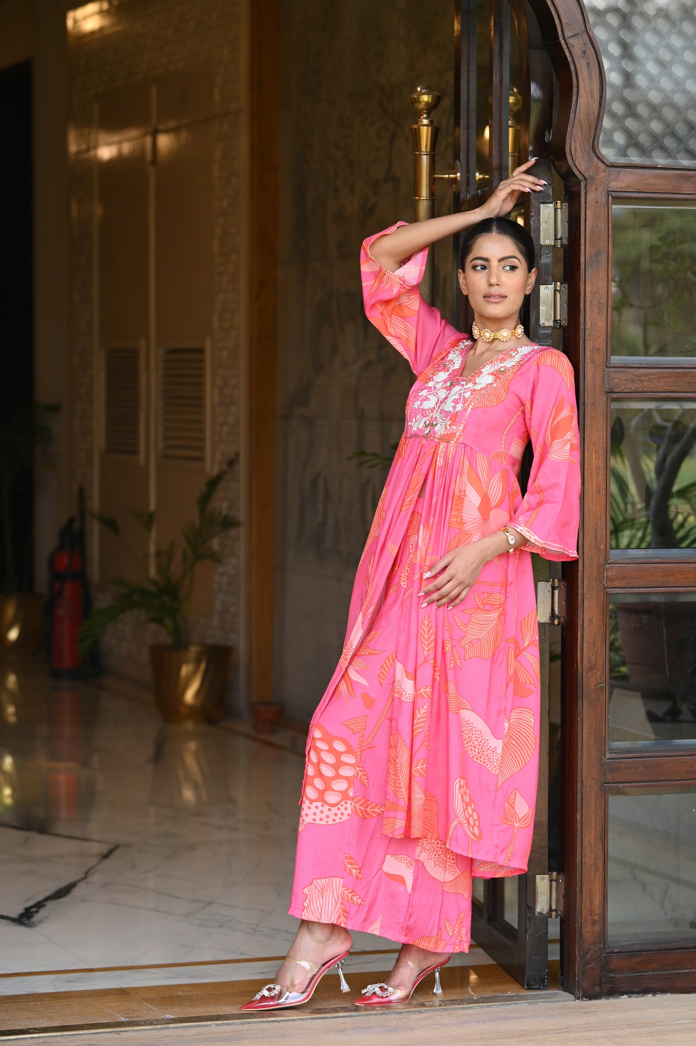 Bold Pink Floral Print with Pearl Work Kurta and Flared Palazzo