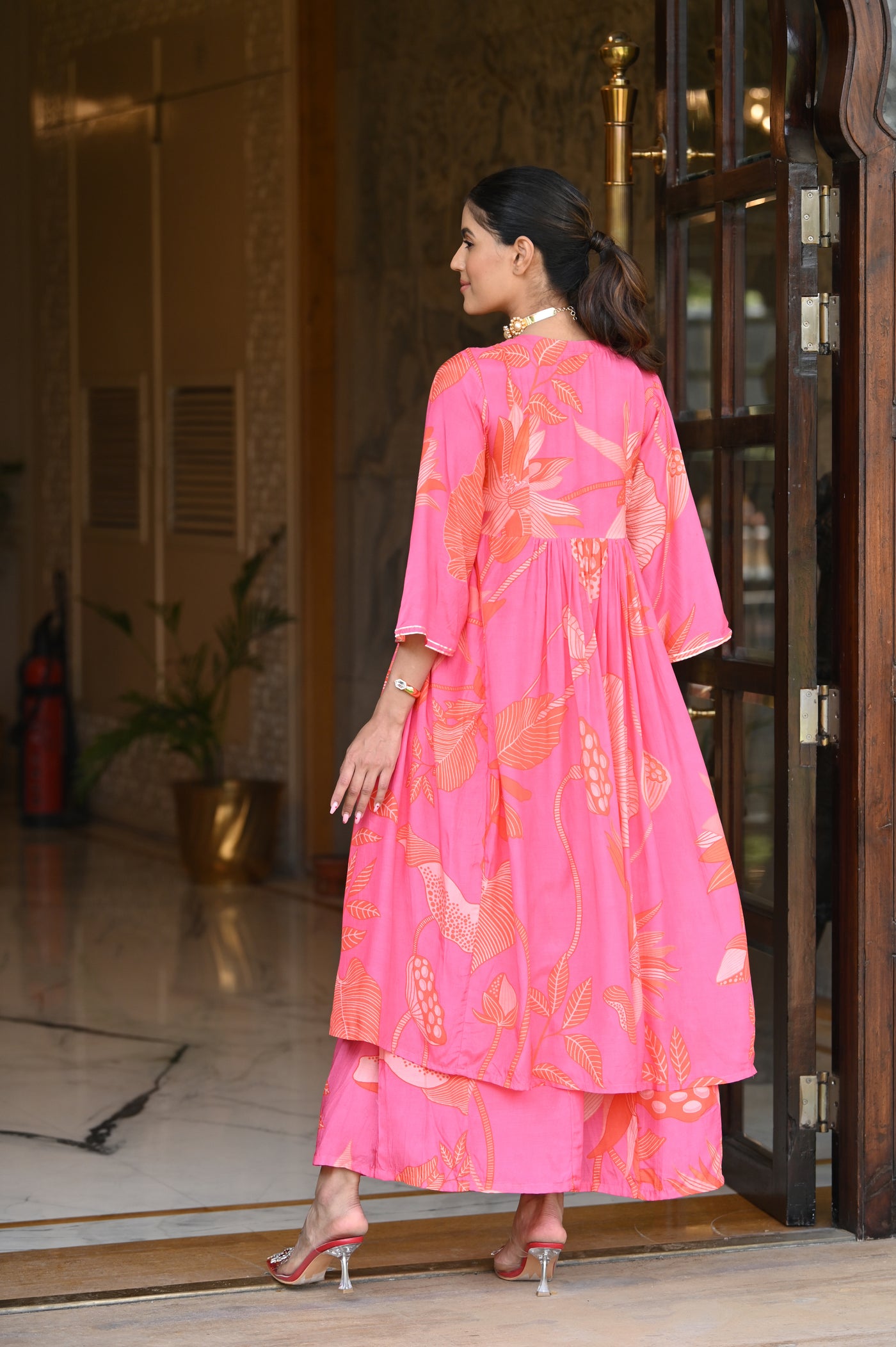 Bold Pink Floral Print with Pearl Work Kurta and Flared Palazzo