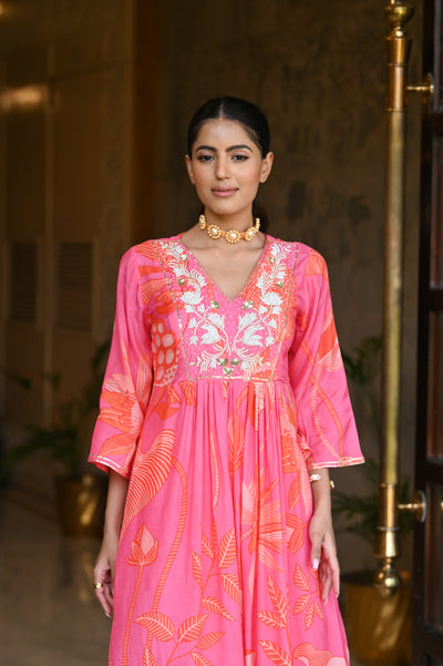 Bold Pink Floral Print with Pearl Work Kurta and Flared Palazzo