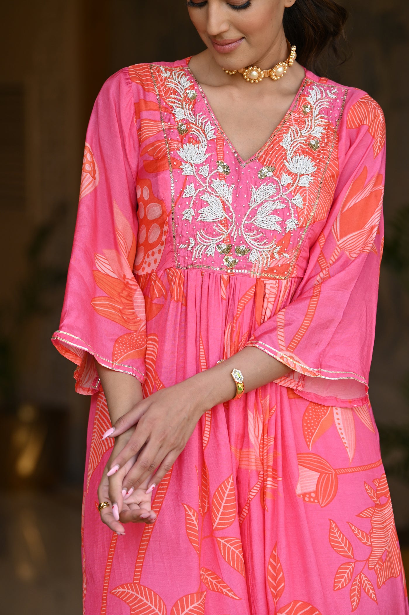 Bold Pink Floral Print with Pearl Work Kurta and Flared Palazzo