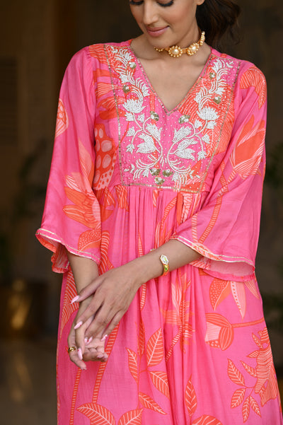 Bold Pink Floral Print with Pearl Work Kurta and Flared Palazzo