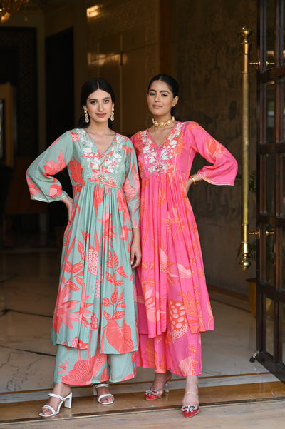 Bold Pink Floral Print with Pearl Work Kurta and Flared Palazzo