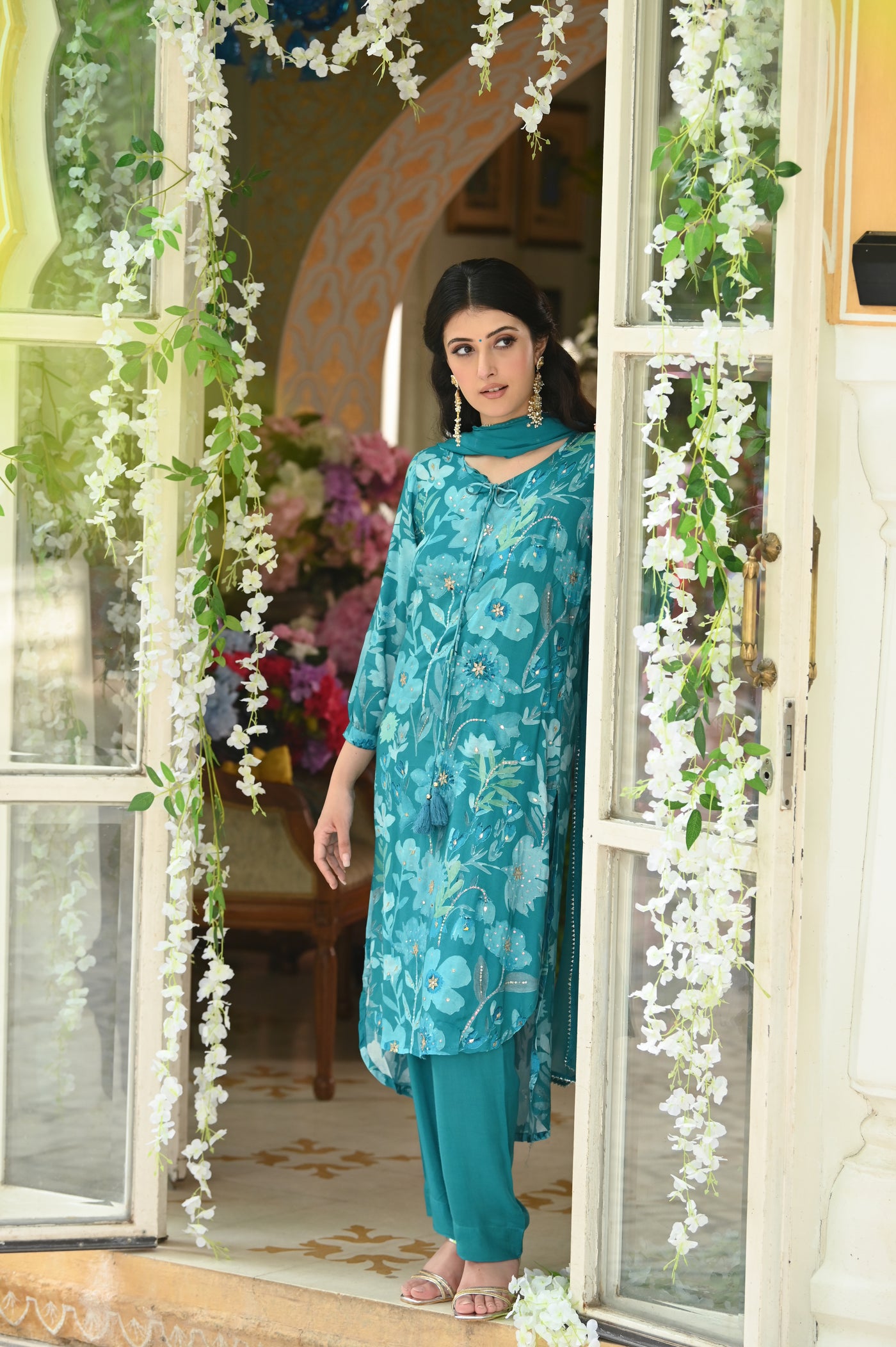 Rama Green Muslin Suit with Spread Sequence and Gota Work with Chiffon Dupatta