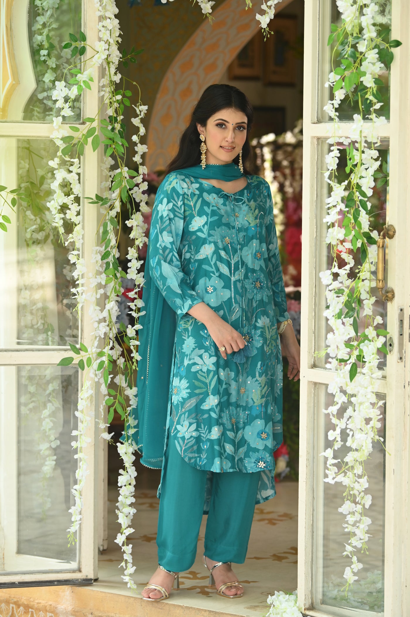 Rama Green Muslin Suit with Spread Sequence and Gota Work with Chiffon Dupatta