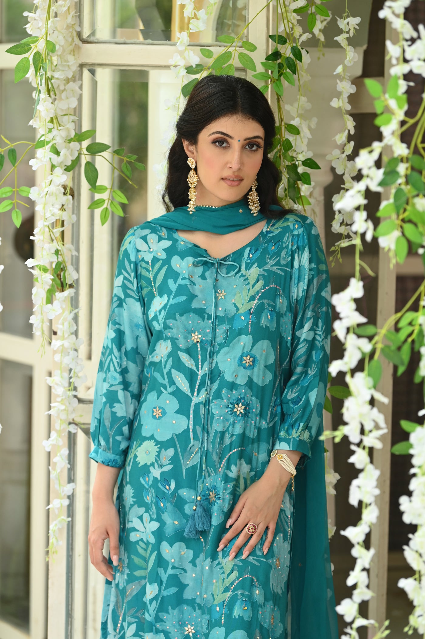 Rama Green Muslin Suit with Spread Sequence and Gota Work with Chiffon Dupatta