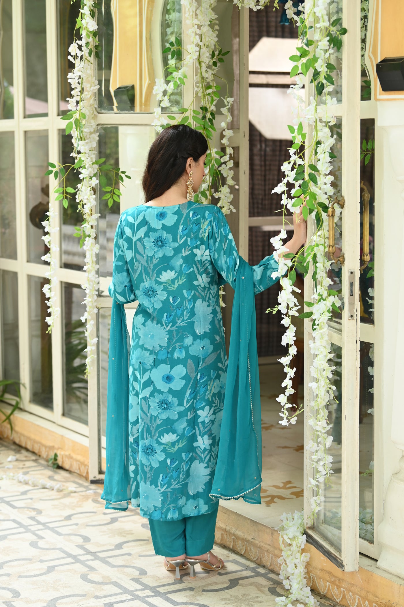 Rama Green Muslin Suit with Spread Sequence and Gota Work with Chiffon Dupatta