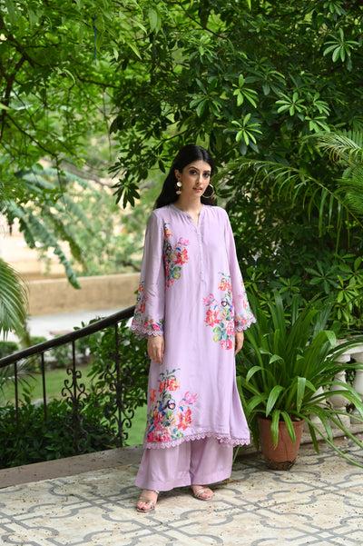 Purple Opulent Floral Print with Light Sequence Touching Crepe Kurta Set