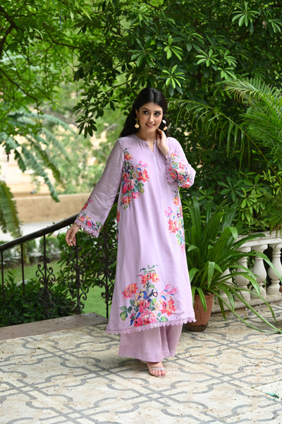 Purple Opulent Floral Print with Light Sequence Touching Crepe Kurta Set