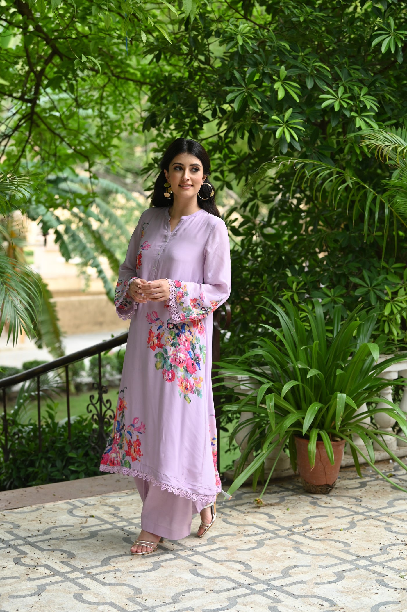 Purple Opulent Floral Print with Light Sequence Touching Crepe Kurta Set