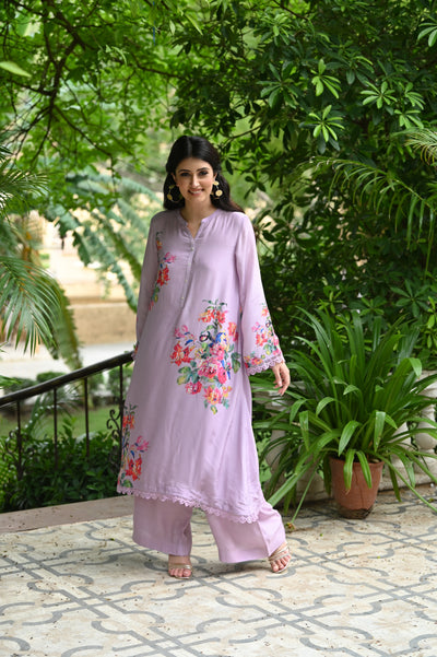 Purple Opulent Floral Print with Light Sequence Touching Crepe Kurta Set