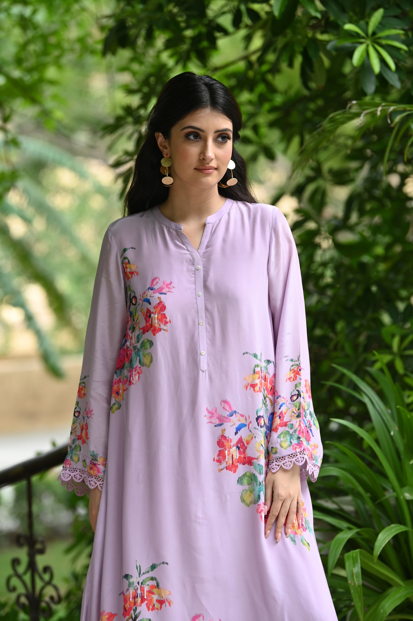 Purple Opulent Floral Print with Light Sequence Touching Crepe Kurta Set