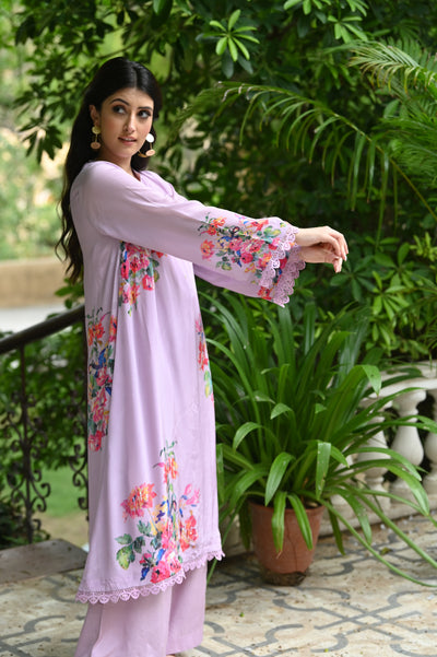 Purple Opulent Floral Print with Light Sequence Touching Crepe Kurta Set