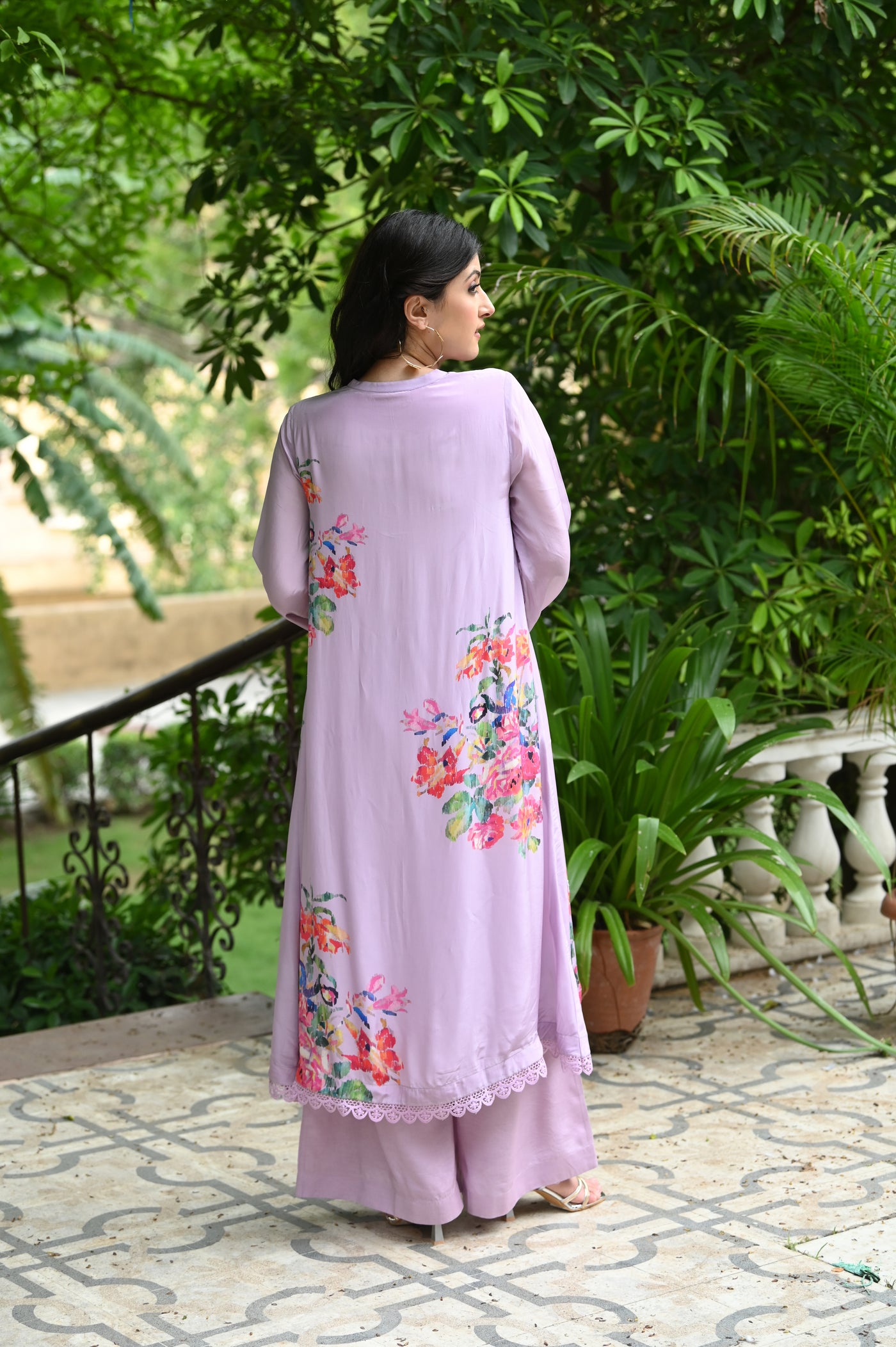 Purple Opulent Floral Print with Light Sequence Touching Crepe Kurta Set