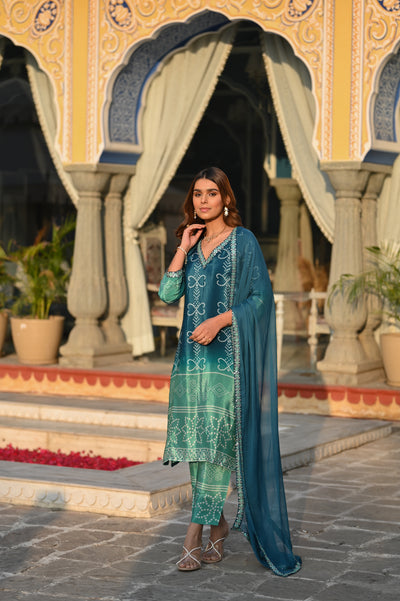 Blue and Green  Ombré Pure Crepe Bandhani Suit Set