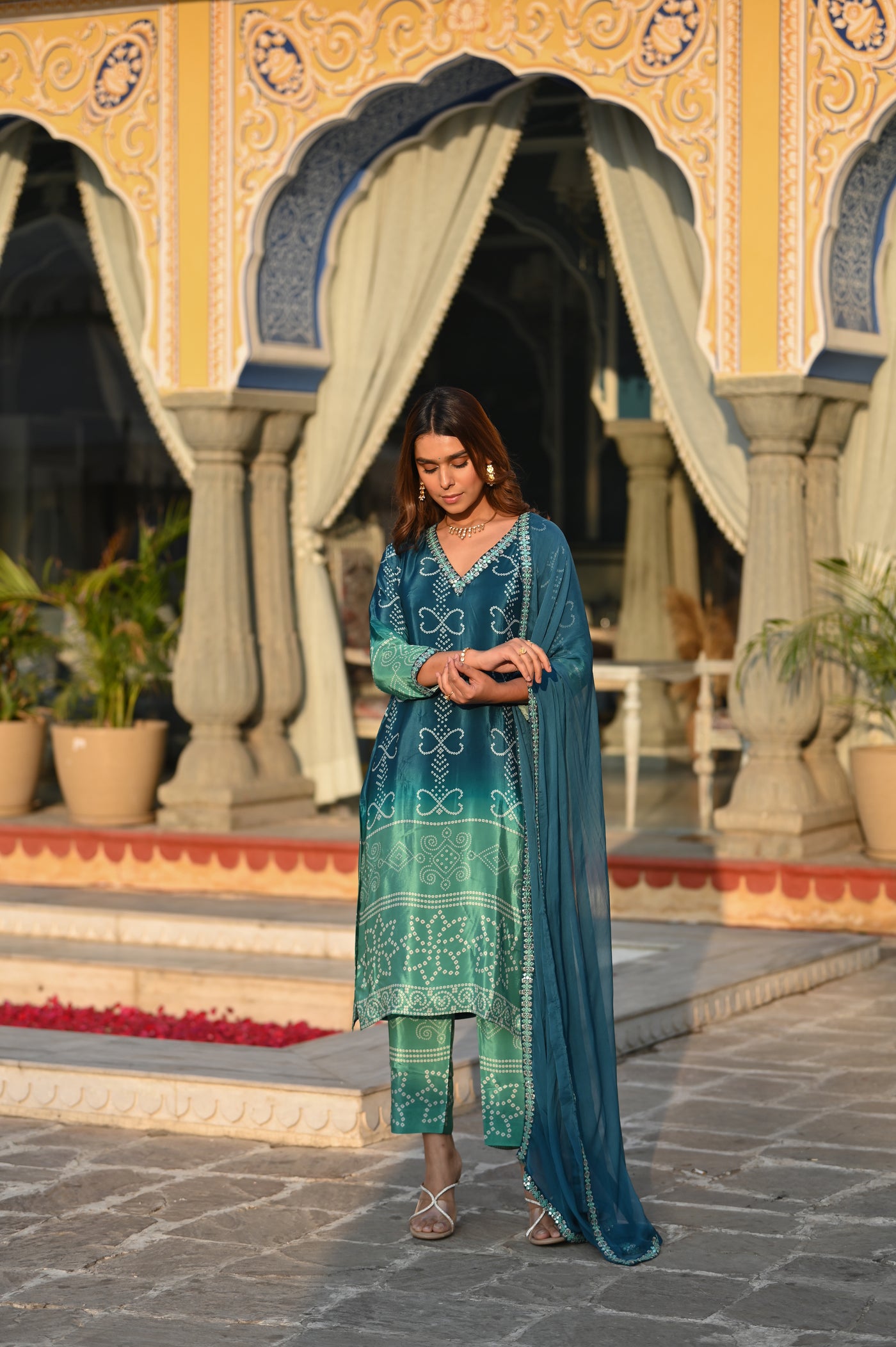 Blue and Green  Ombré Pure Crepe Bandhani Suit Set