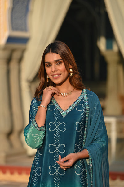 Blue and Green  Ombré Pure Crepe Bandhani Suit Set