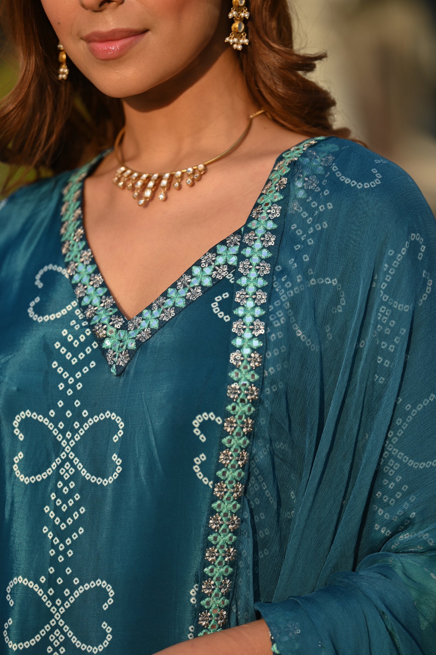 Blue and Green  Ombré Pure Crepe Bandhani Suit Set