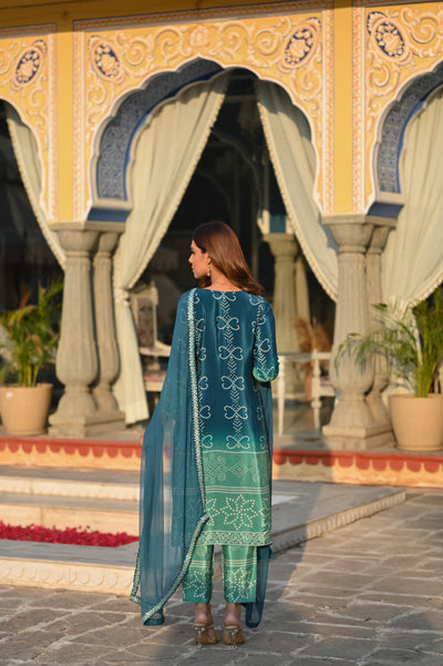 Blue and Green  Ombré Pure Crepe Bandhani Suit Set