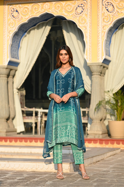 Blue and Green  Ombré Pure Crepe Bandhani Suit Set