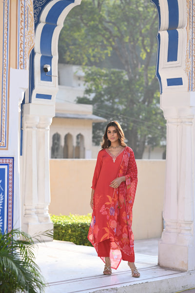 Red Ikhtiyar Crepe Floral Suit Set with Gota Work