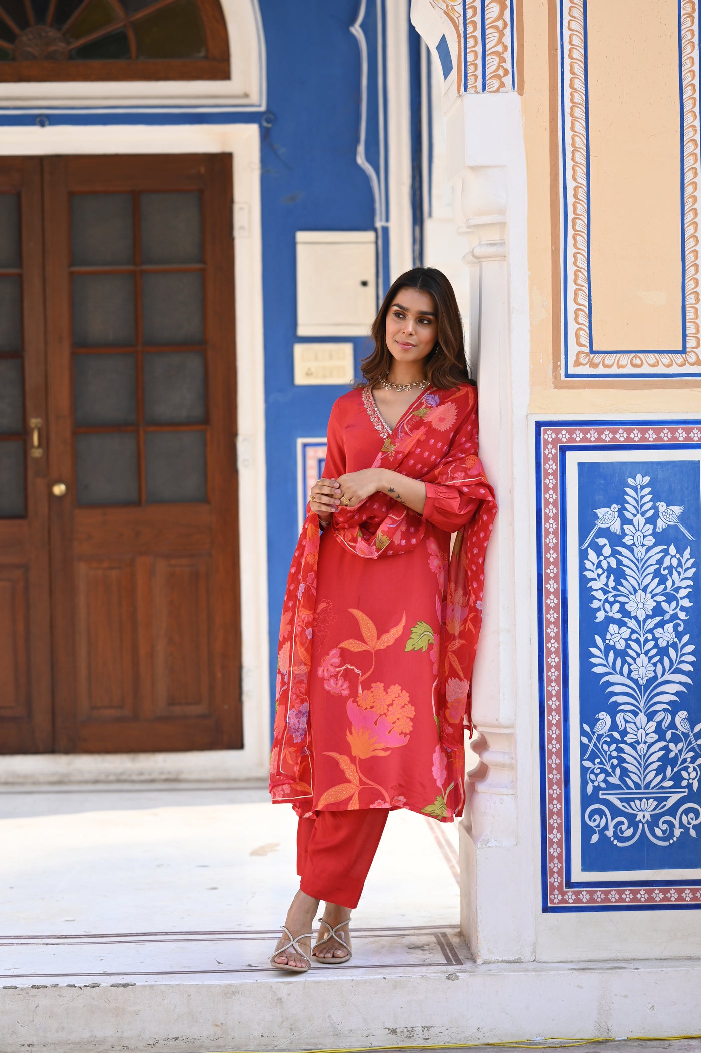 Red Ikhtiyar Crepe Floral Suit Set with Gota Work