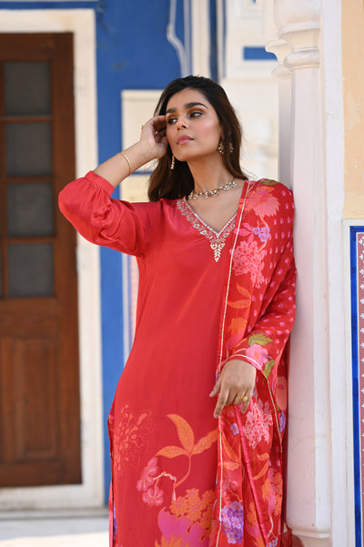 Red Ikhtiyar Crepe Floral Suit Set with Gota Work