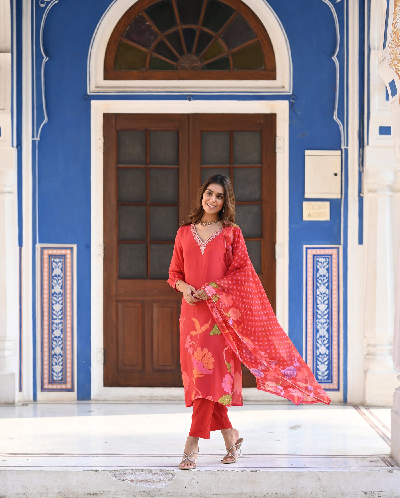 Red Ikhtiyar Crepe Floral Suit Set with Gota Work