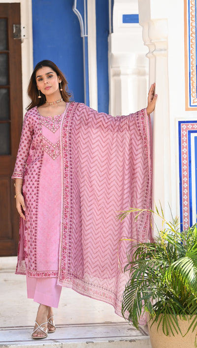 Pink Ikhtiyar Block Print Chanderi Suit Set