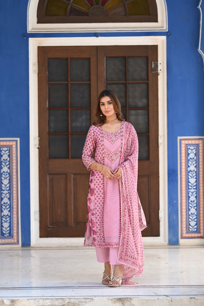 Pink Ikhtiyar Block Print Chanderi Suit Set