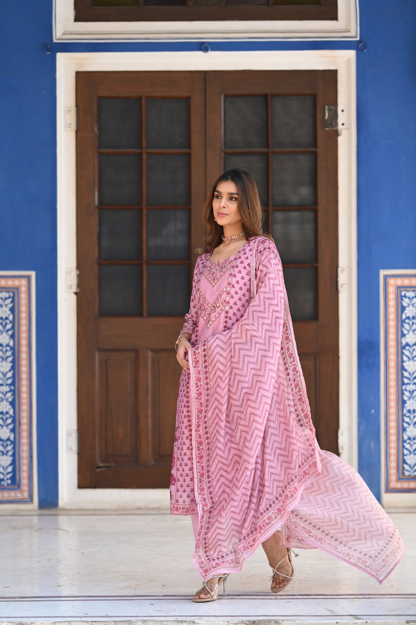 Pink Ikhtiyar Block Print Chanderi Suit Set