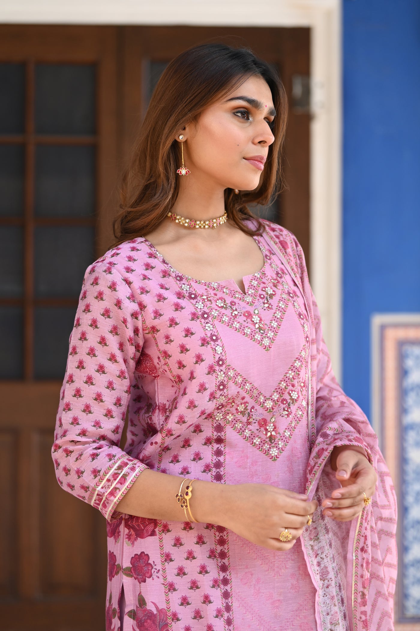 Pink Ikhtiyar Block Print Chanderi Suit Set