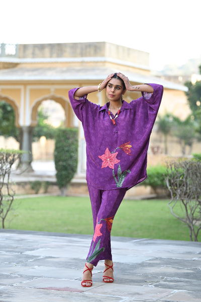 Spectacular Purple Floral Print Placement Pure Crepe Coordinated Set