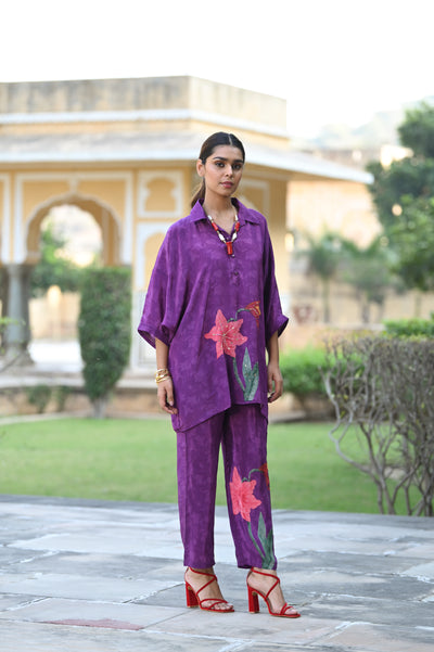 Spectacular Purple Floral Print Placement Pure Crepe Coordinated Set