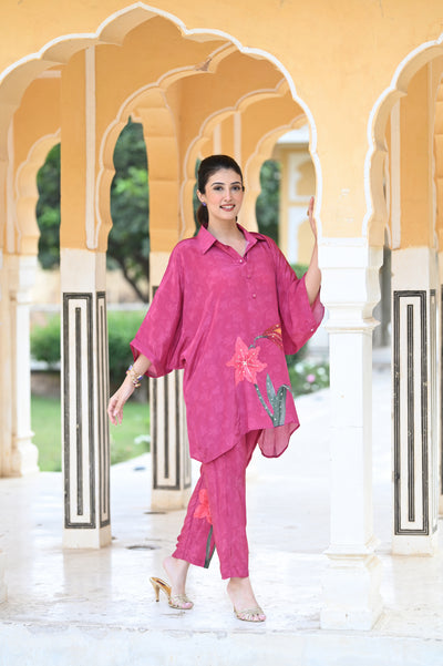 Spectacular Pink Floral Print Placement Pure Crepe Coordinated Set