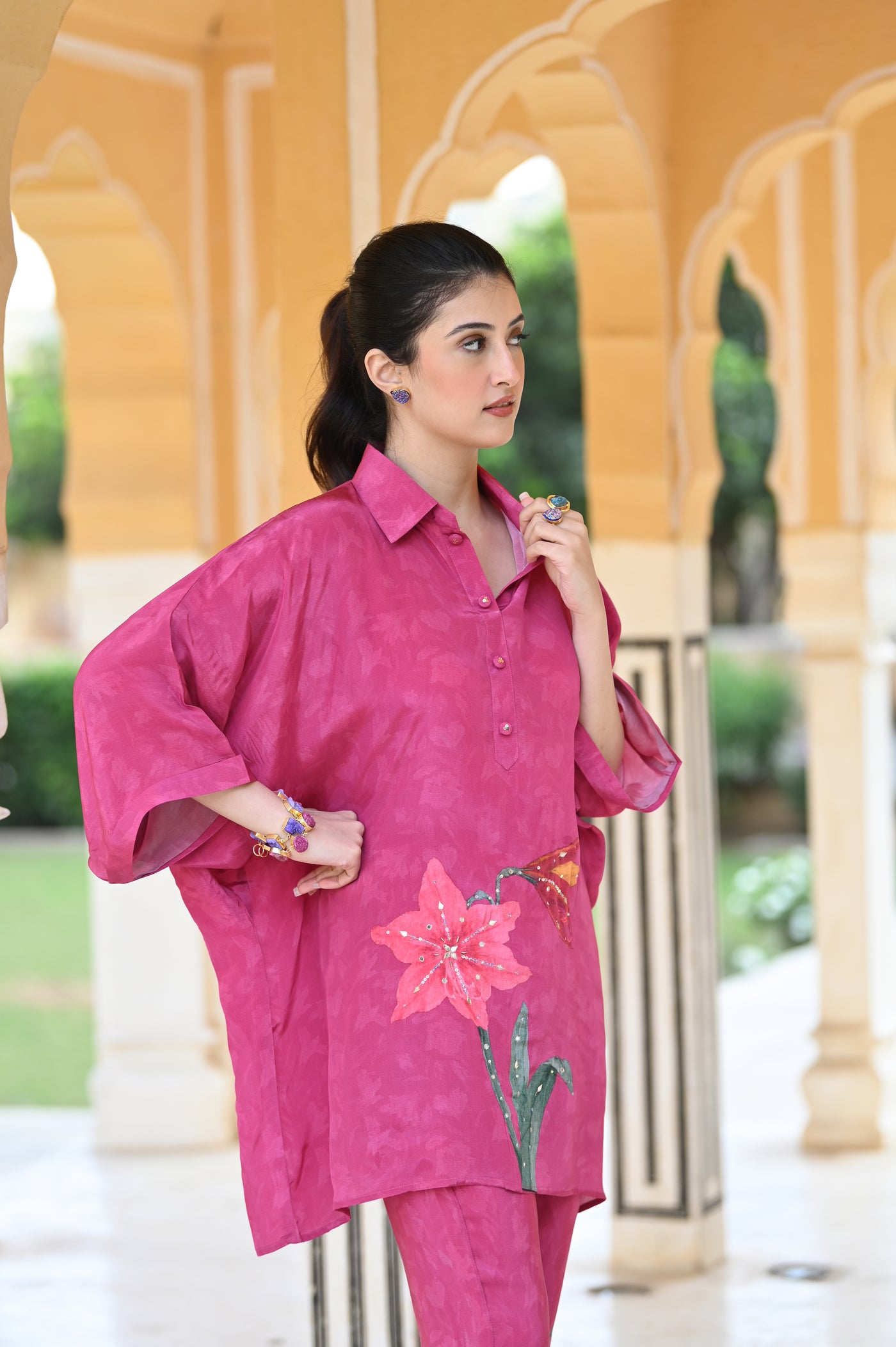 Spectacular Pink Floral Print Placement Pure Crepe Coordinated Set