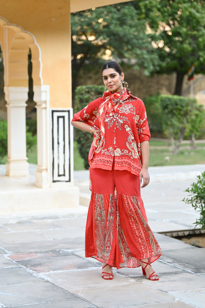 Red Festoon Sharara Coord Set with Stole