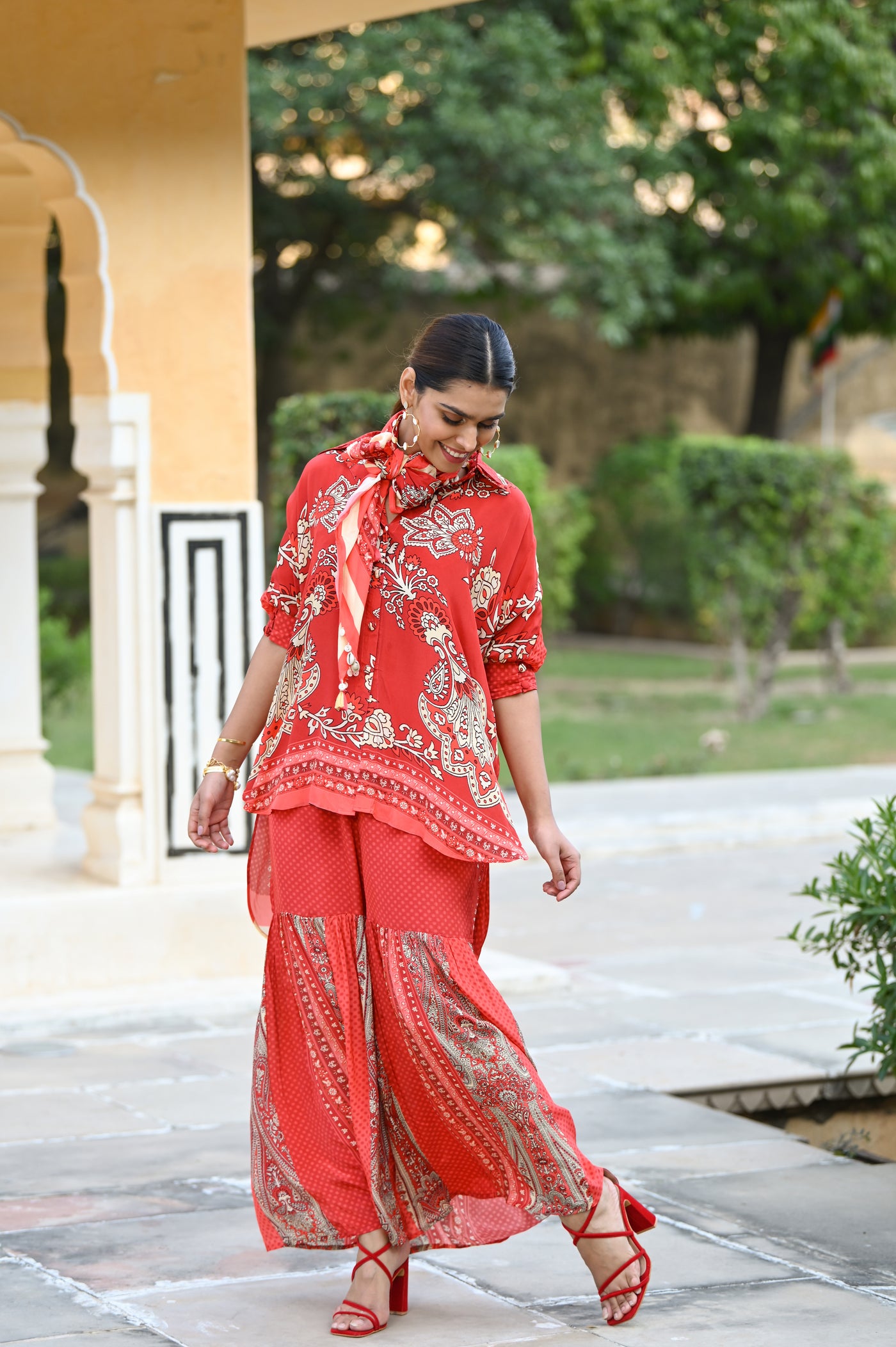 Red Festoon Sharara Coord Set with Stole