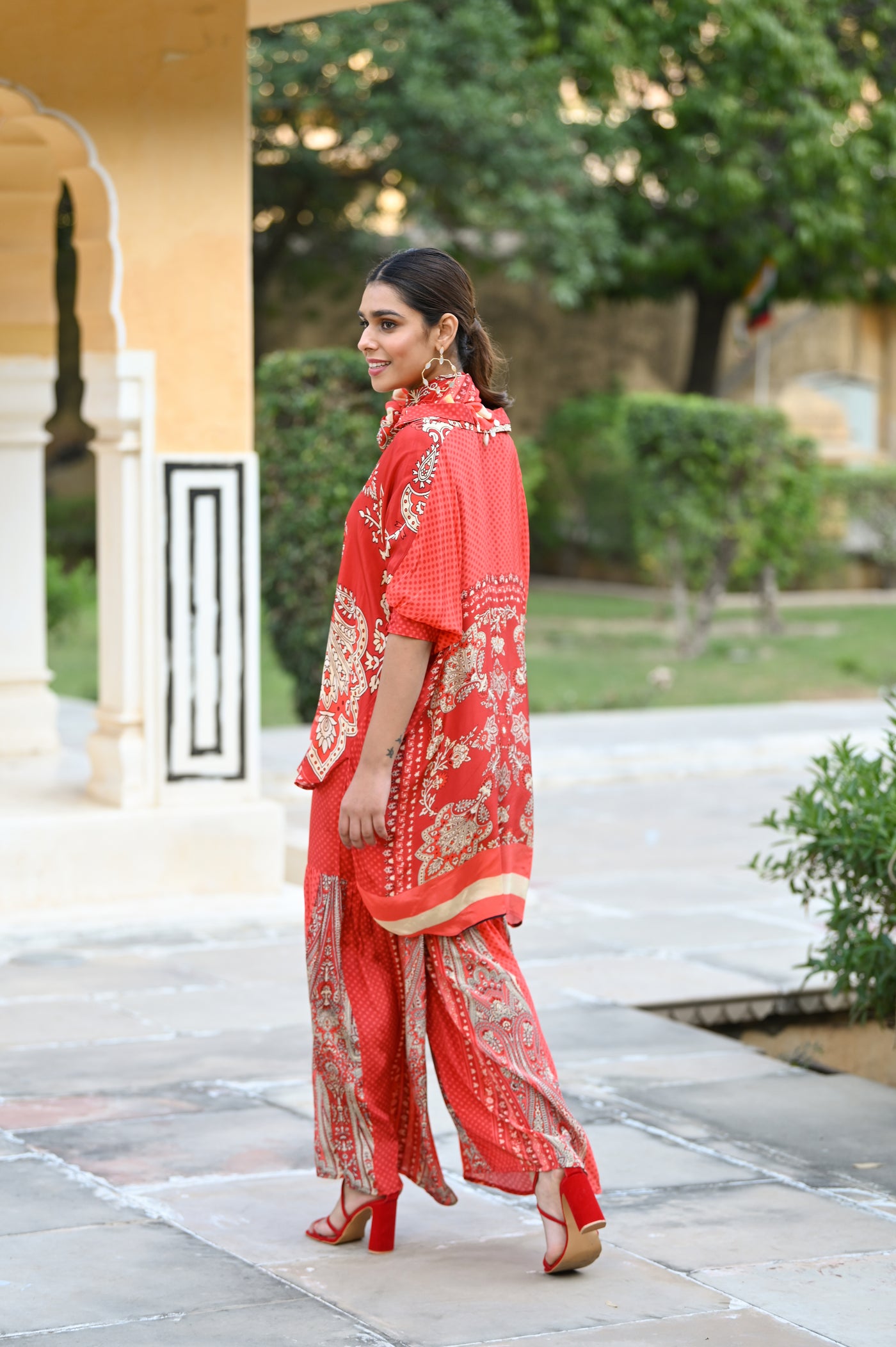 Red Festoon Sharara Coord Set with Stole