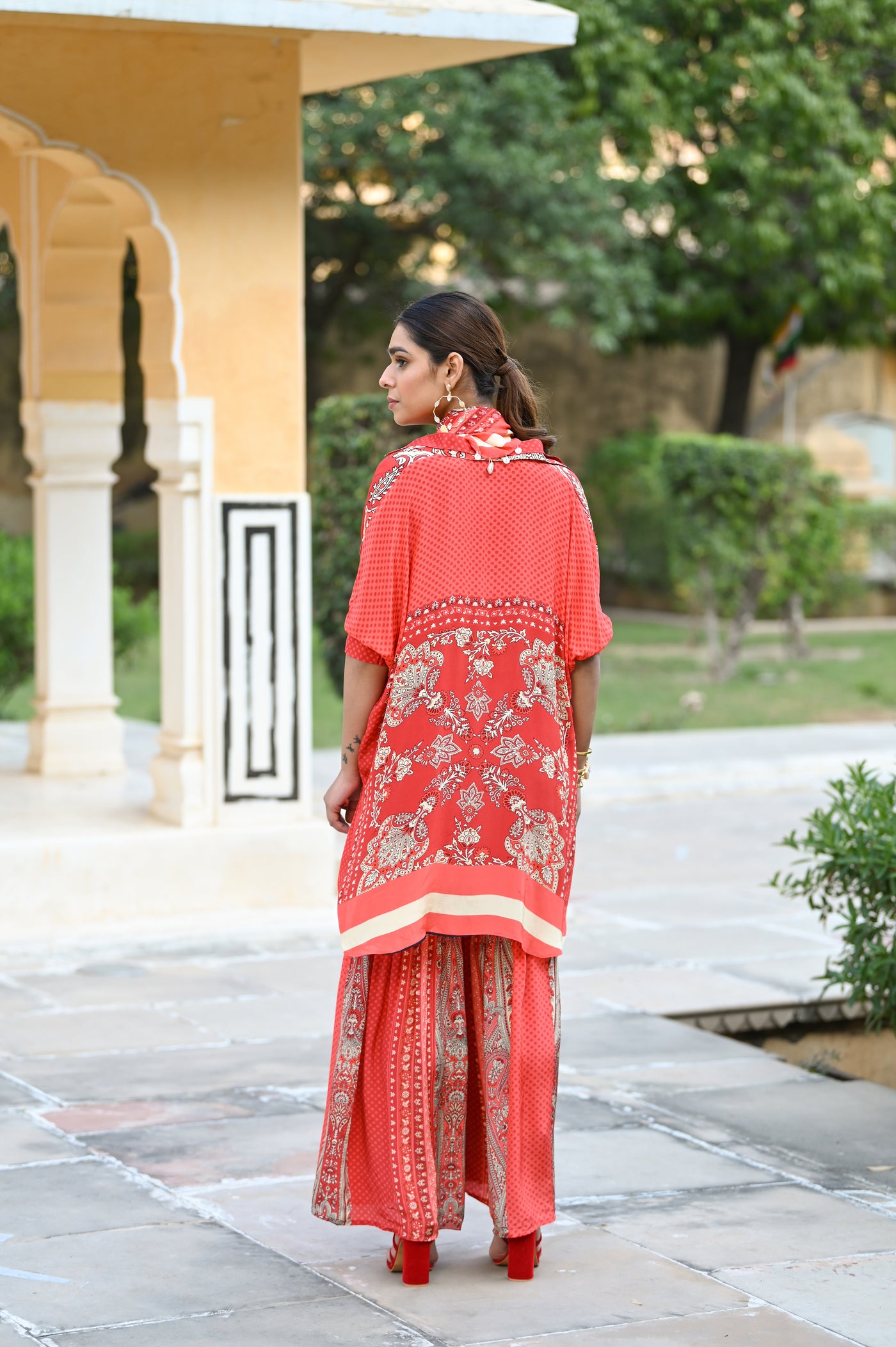 Red Festoon Sharara Coord Set with Stole