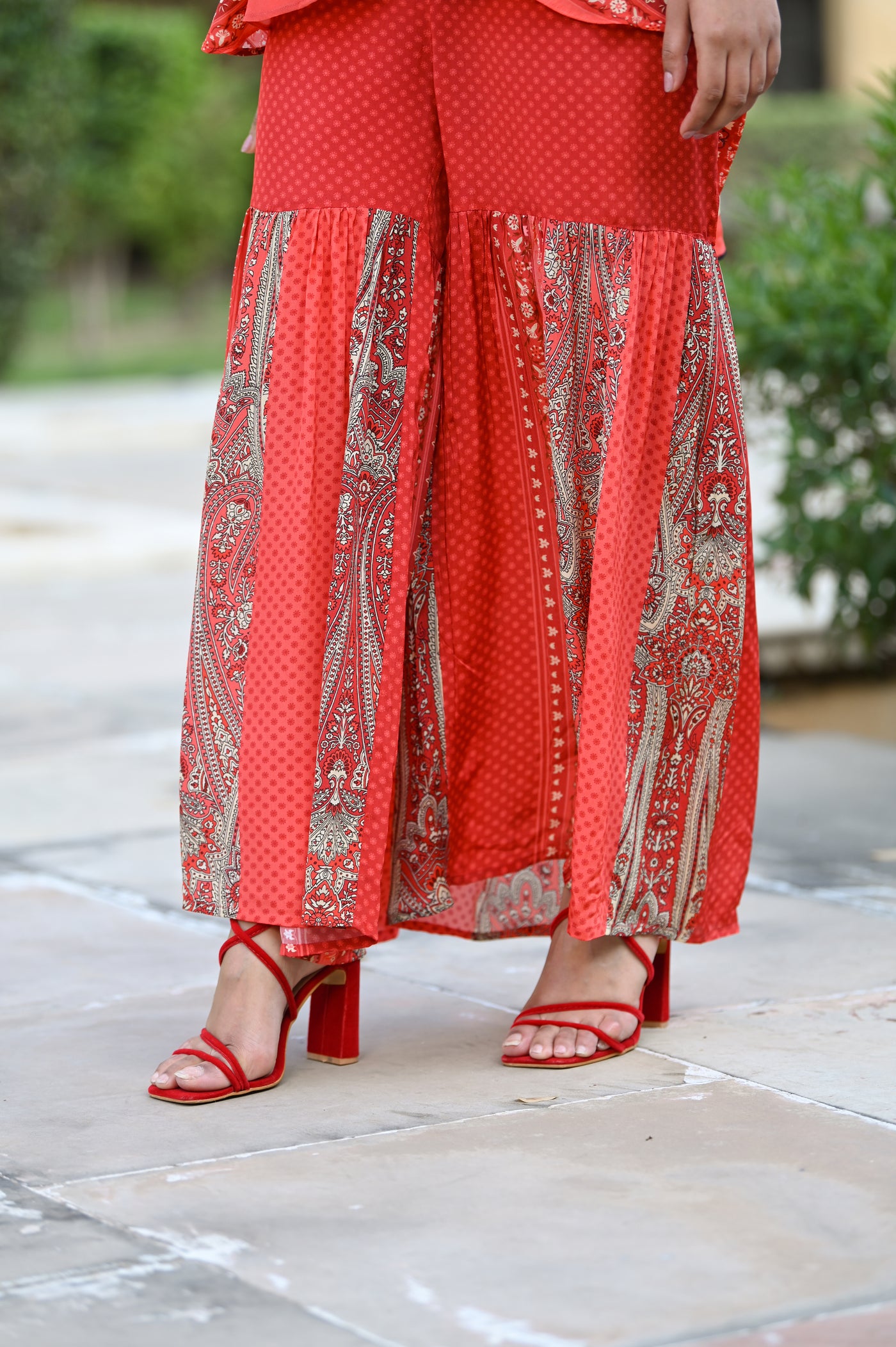 Red Festoon Sharara Coord Set with Stole