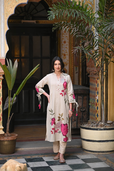 Pink Rose Cotton Linen Kurta Set