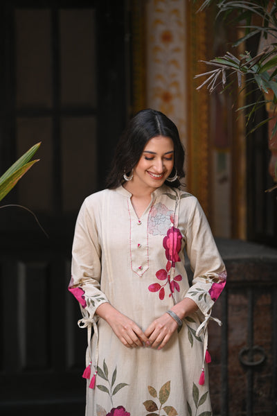 Pink Rose Cotton Linen Kurta Set